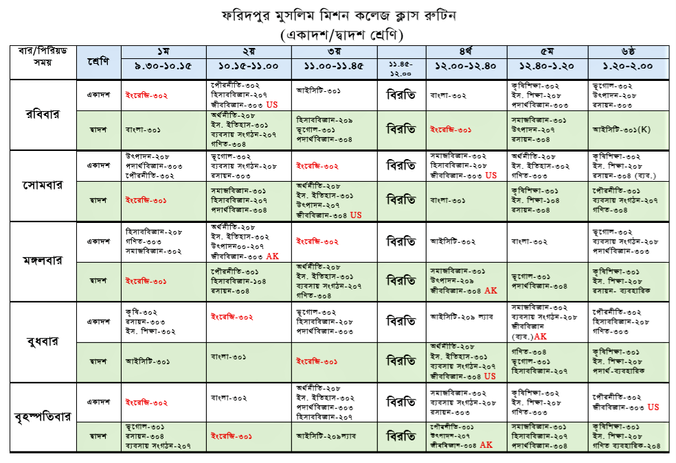 ক্লাস রুটিন (সর্বশেষ)