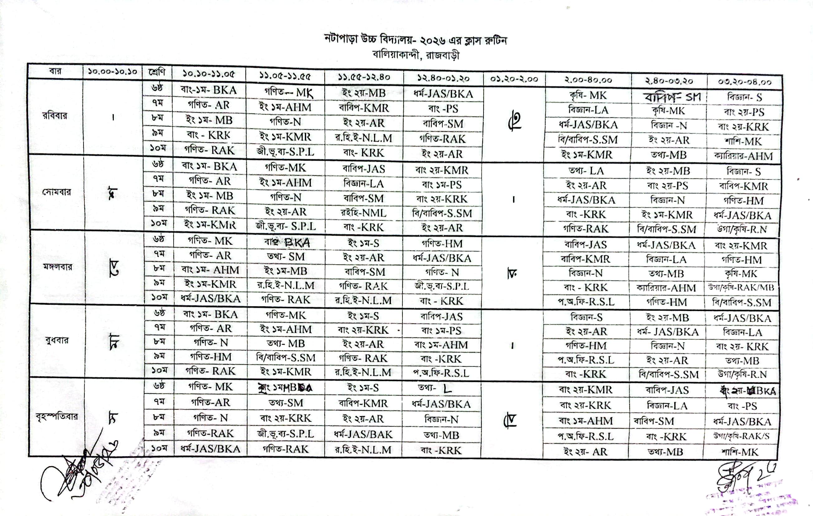 নটাপাড়া উচ্চ বিদ্যালয়ের ক্লাস রুটিন ২০২৬