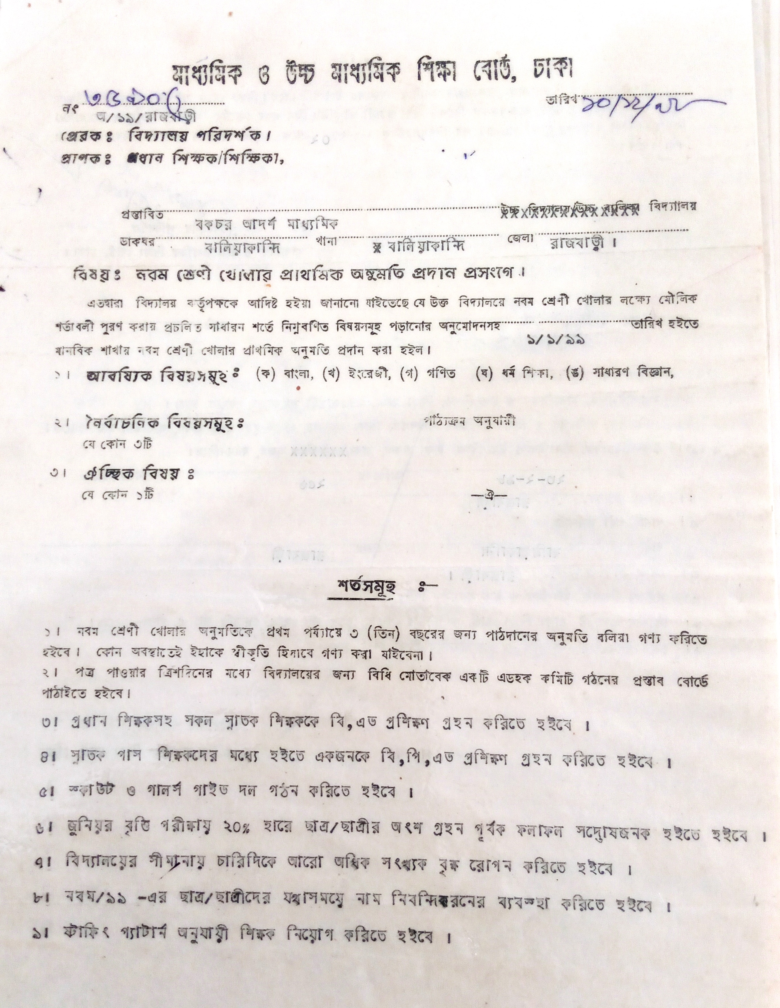 নবম দশম খোলার  অনুমতি